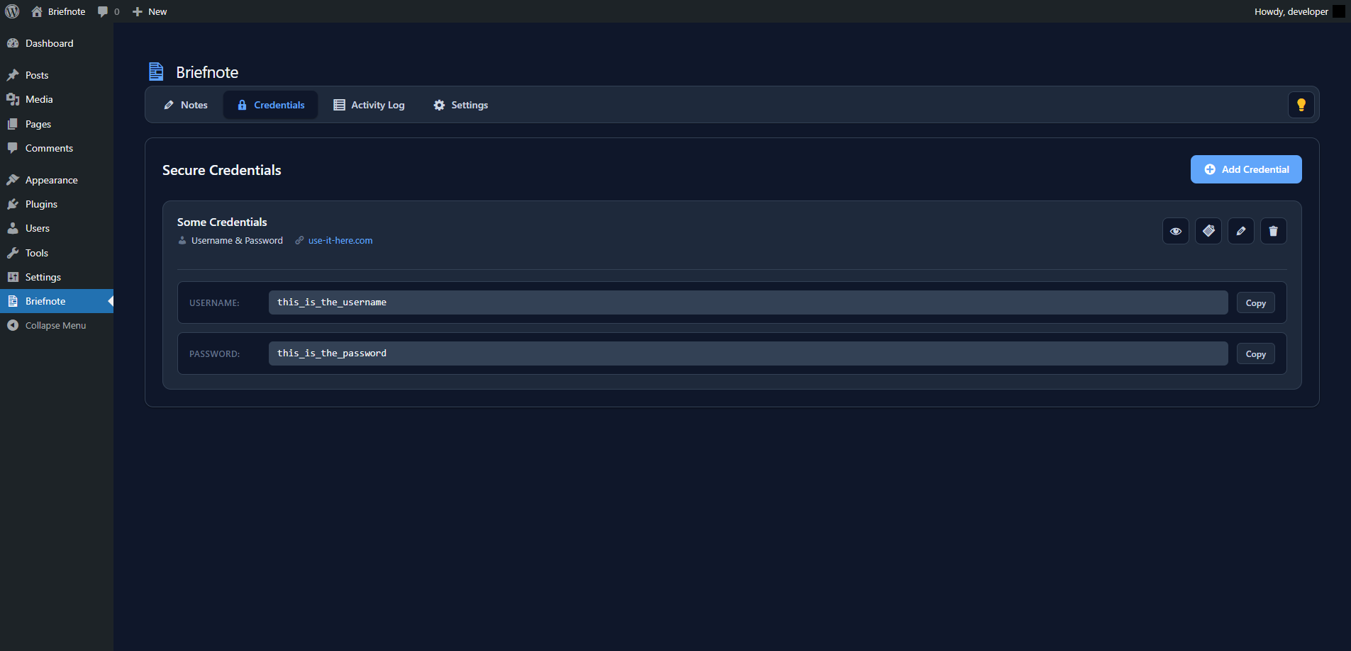 Credential entry expanded showing reveal and copy functionality