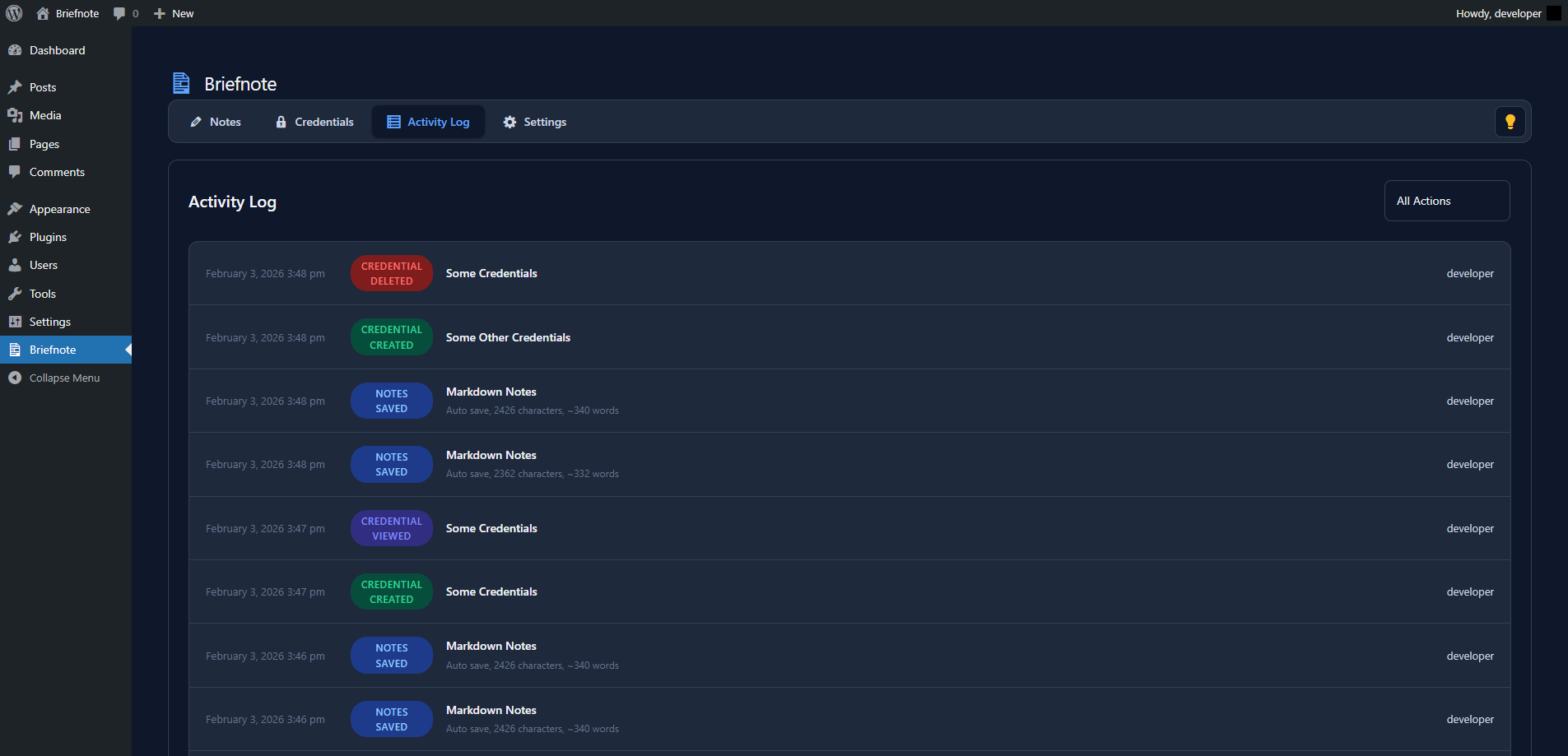 Activity log showing audit trail