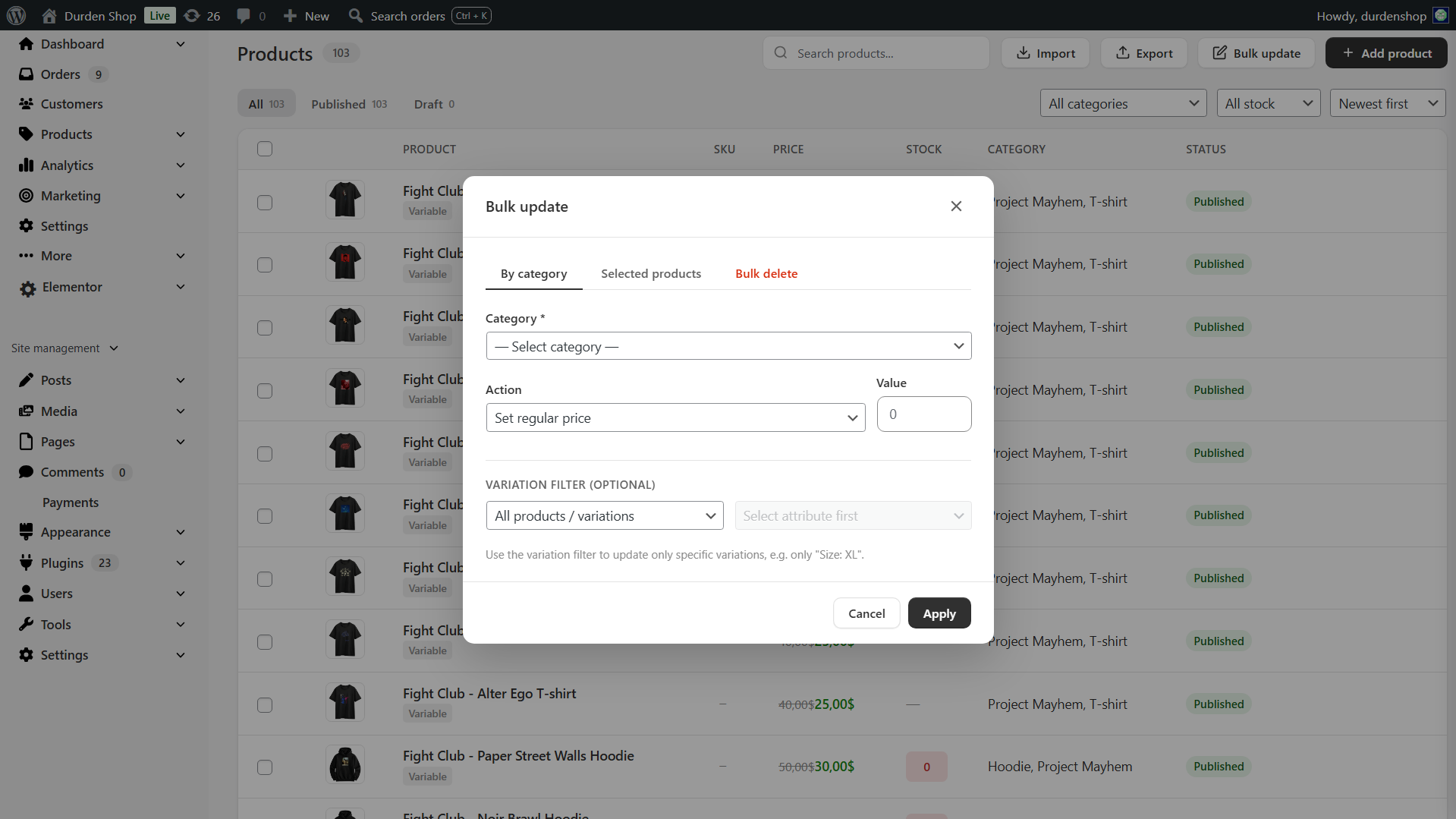 **WooCommerce Categories Page** — drag-and-drop parent/child nesting with circular reference protection