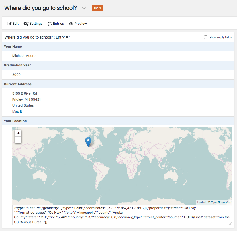 Brilliant Geocoder for Gravity Forms comes with support for three geocoders. To use Geocod.io or Google Maps API, you will need to visit the Gravity Forms settings and enter your API keys.