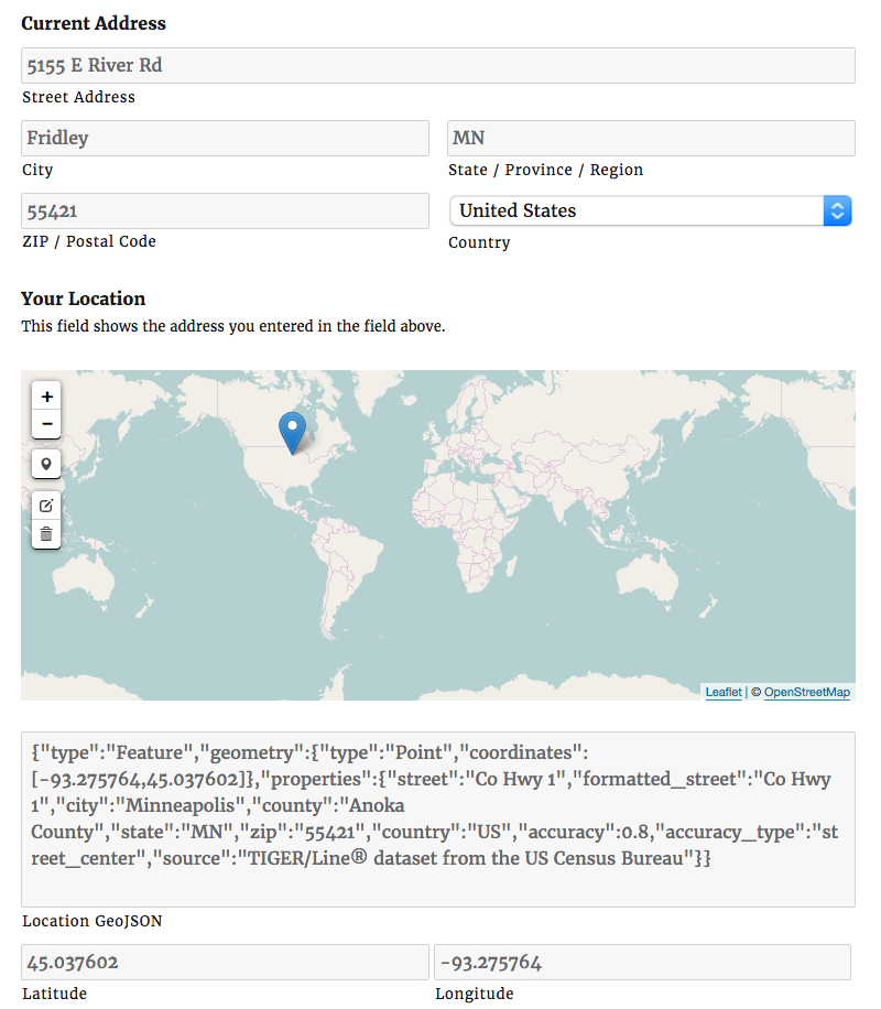 Geocoded results are stored as GeoJSON but, for convenience, just the coordinates are show on the entry listing page.