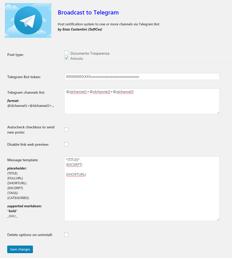 Settings page