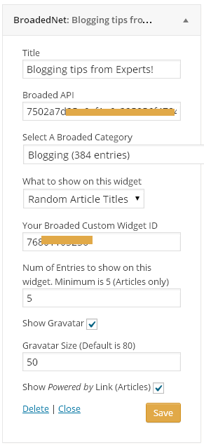 BroadedNet Widget configuration