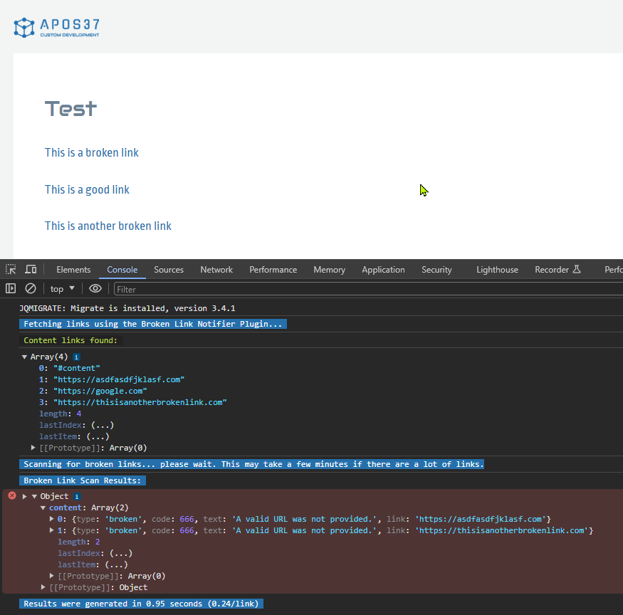 Page load scan results on front-end in dev console