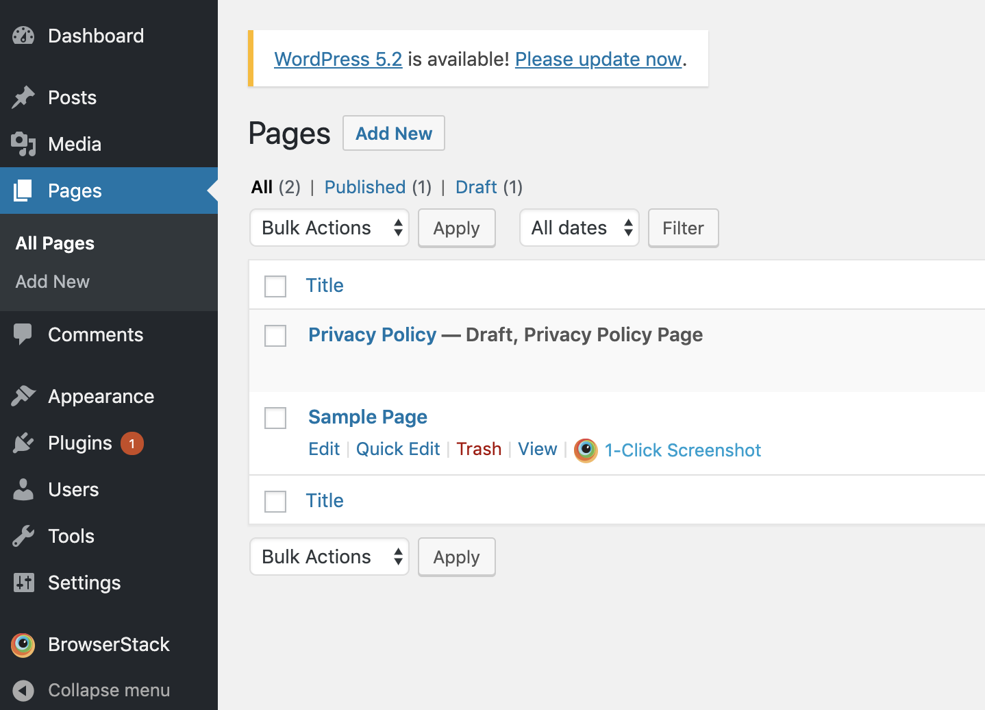 Admin pages section