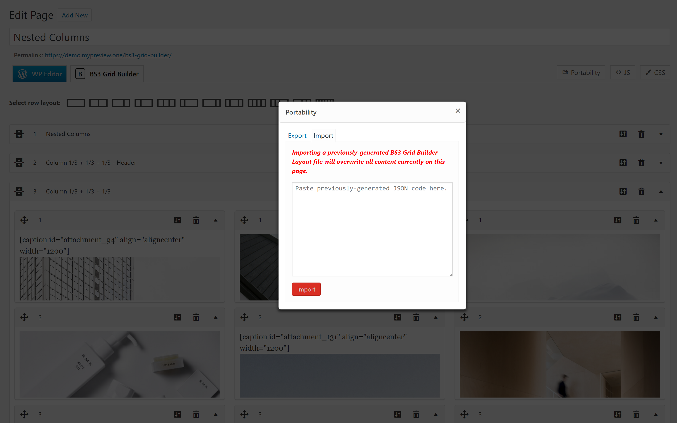 Portability menu - Import and Export previously created layout.