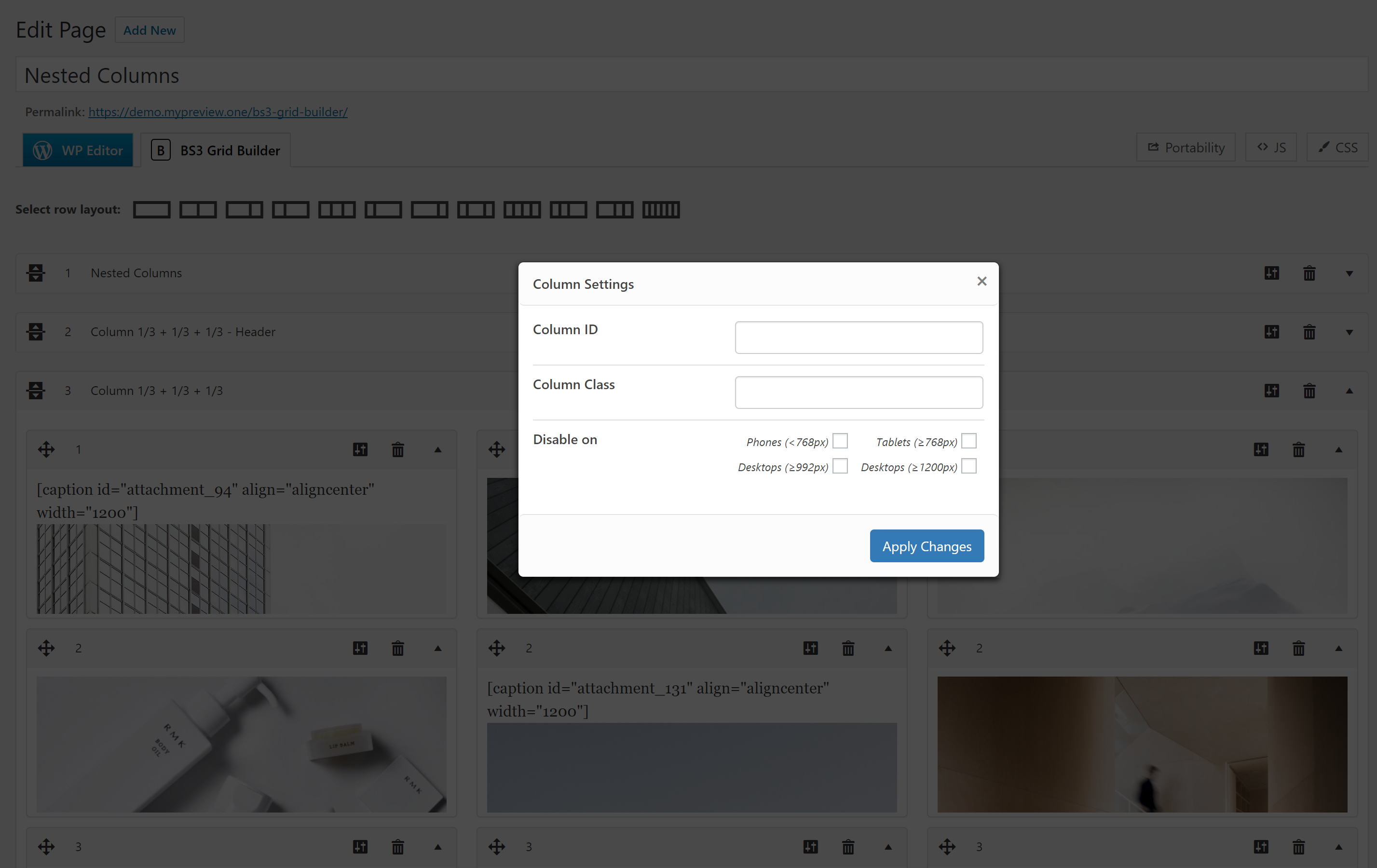 Column settings.