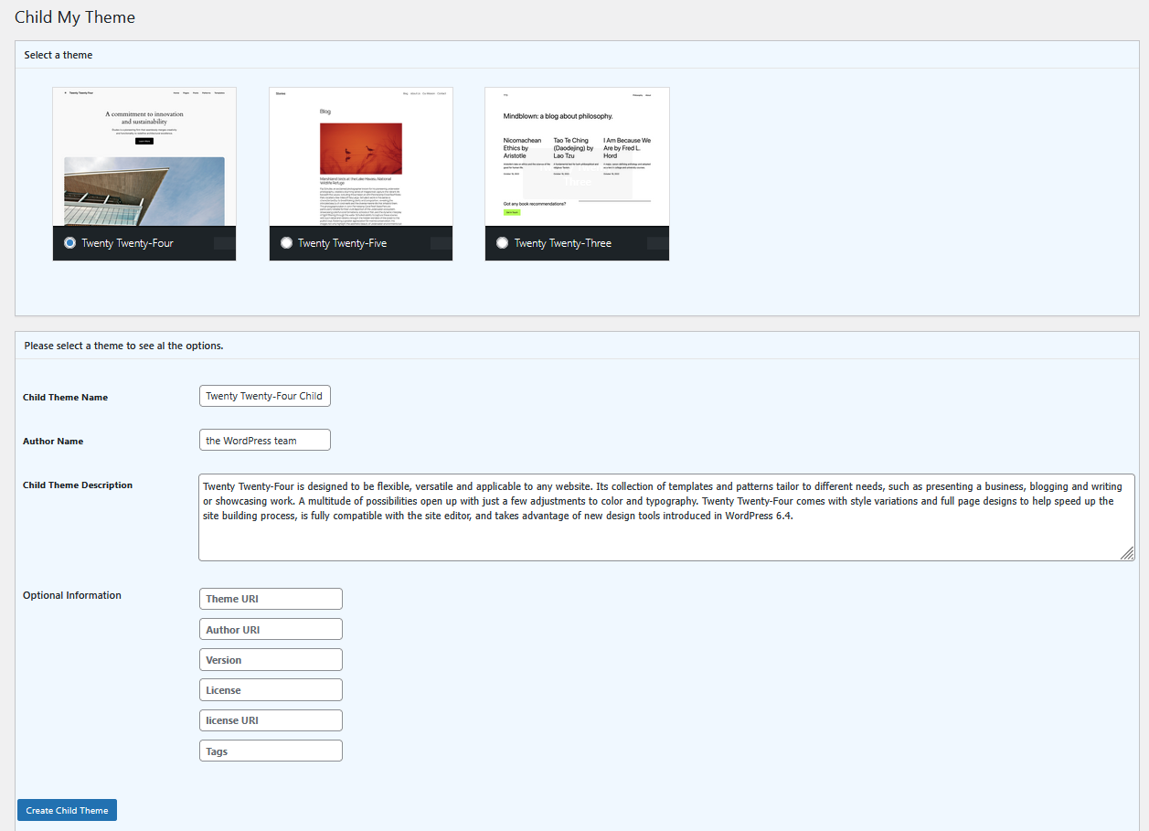 Child theme generate advance options.