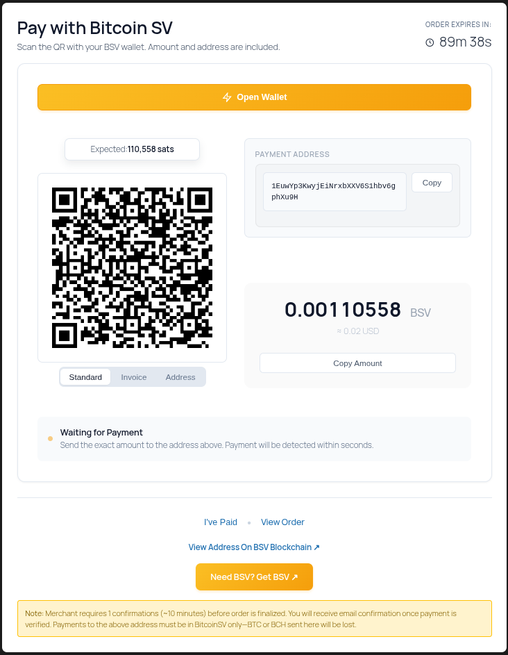 Order received screen, including QR code of Bitcoin SV address and payment amount.