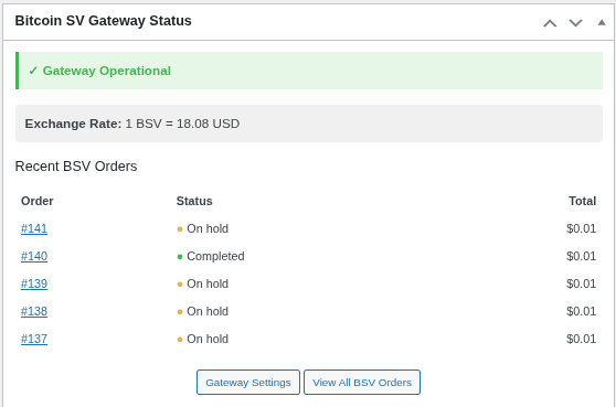 Bitcoin SV Gateway settings screen.