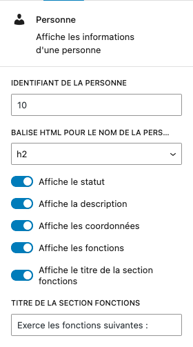 Configuration d'un bloc "Personne"