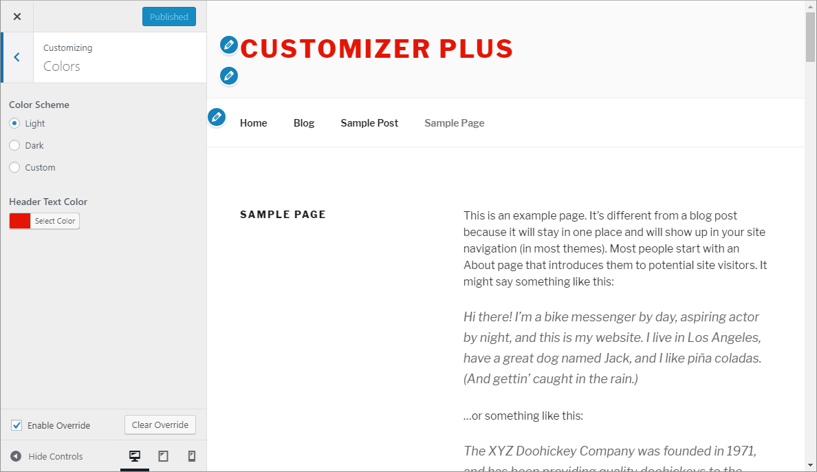 Customizer Plus Lite - override enabled