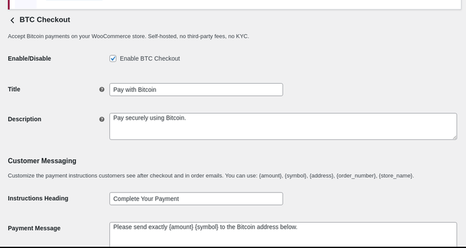 Admin settings panel — configure wallet addresses and payment options.