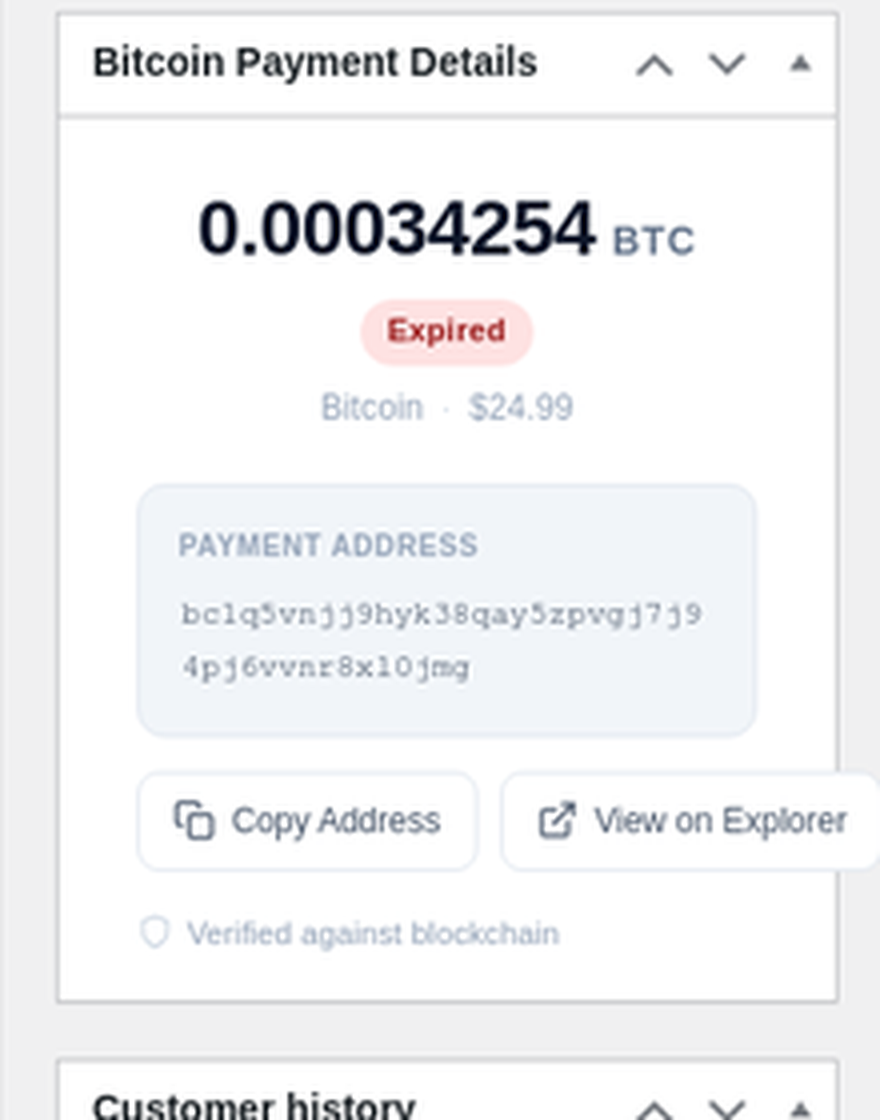 Order details showing Bitcoin payment verification status.