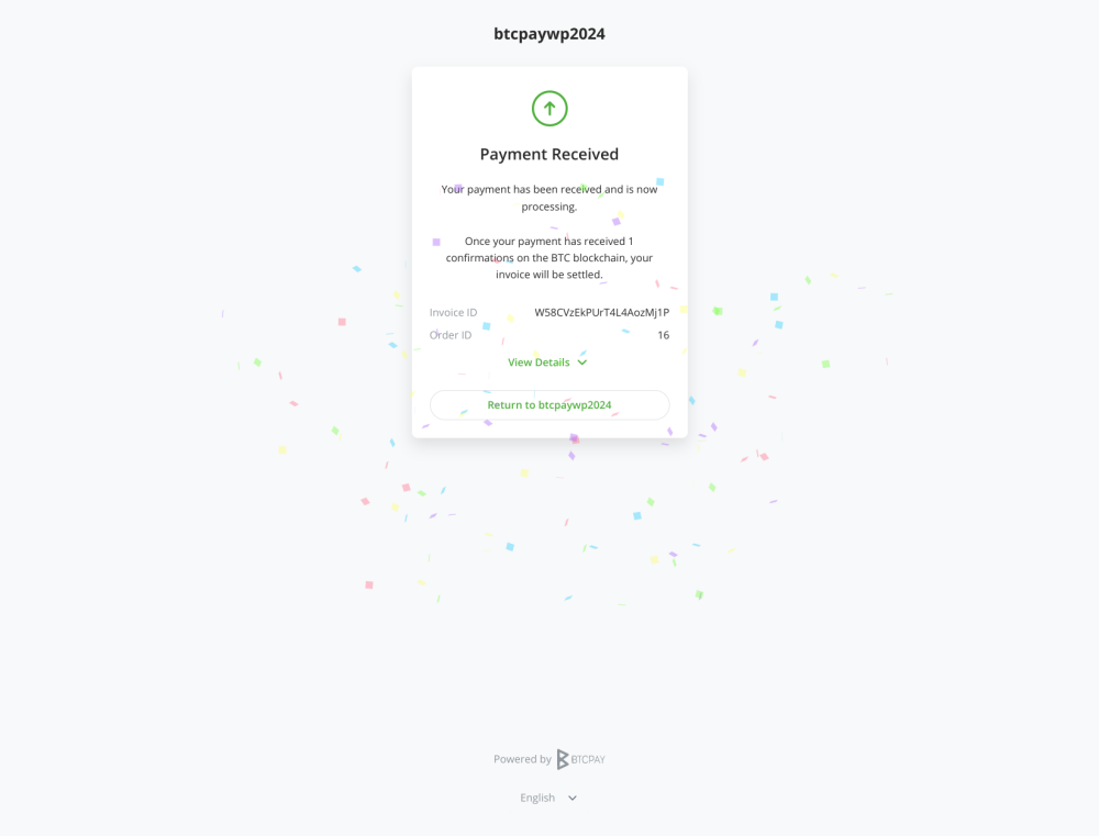 After successful payment the customers will get redirected to the order page. The order will be marked as paid automatically.