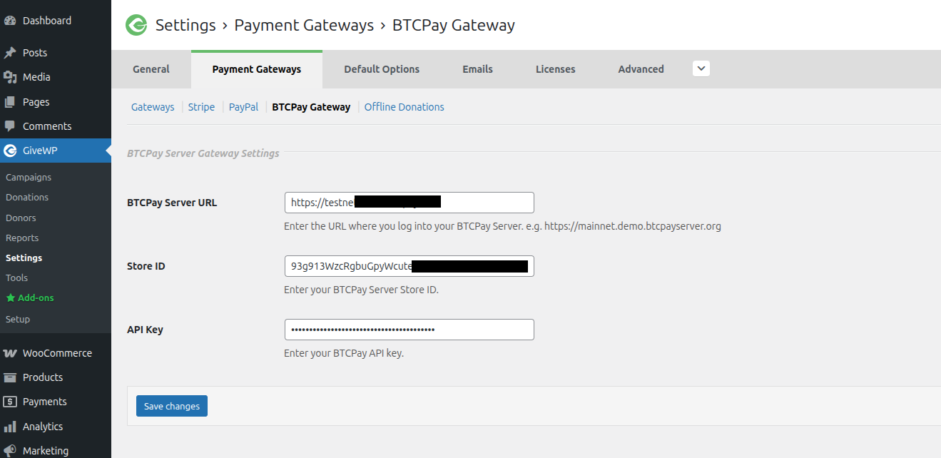 The BTCPay for GiveWP settings page.