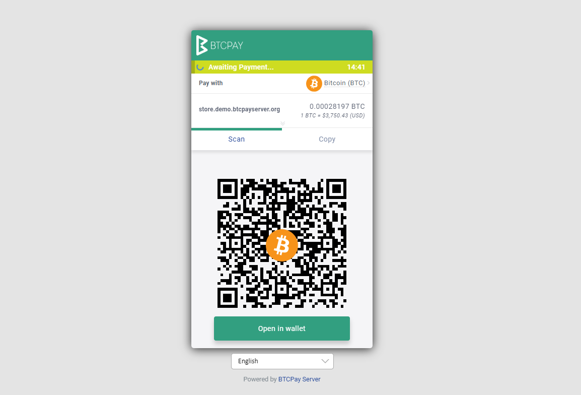 The BTCPay Server invoice. Your customers will see this at the checkout. They can pay from their wallet by scanning a QR or copy/pasting it manually into the wallet.