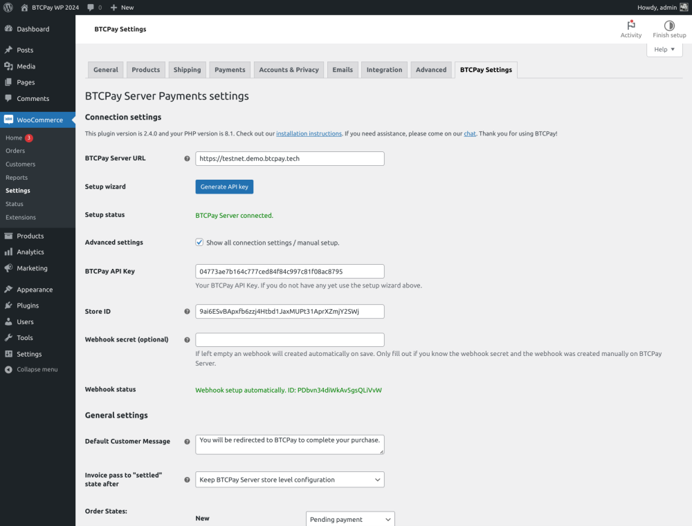 On the settings form you can connect to your BTCPay Server instance by just entering the URL and clicking on "Generate API Key" button.