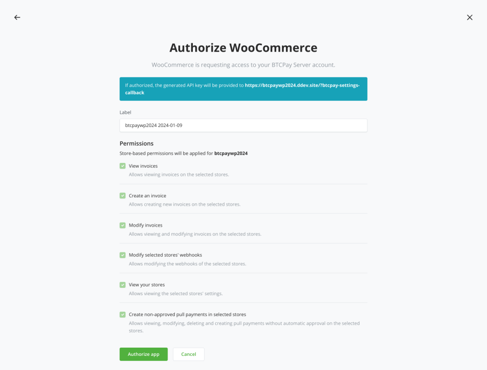 You will get redirected to your BTCPay Server instance and just need to confirm the permissions of the API key. You will get redirected back to the settings form and the webhook will get set up automatically. You are ready to go.
