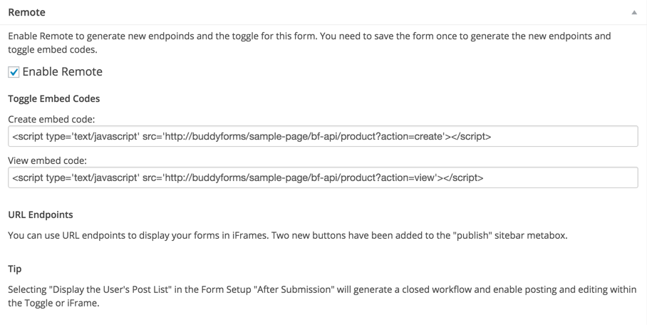 **Form Builder Settings** - The Form Builder Metabox enable remote and generate the embed code