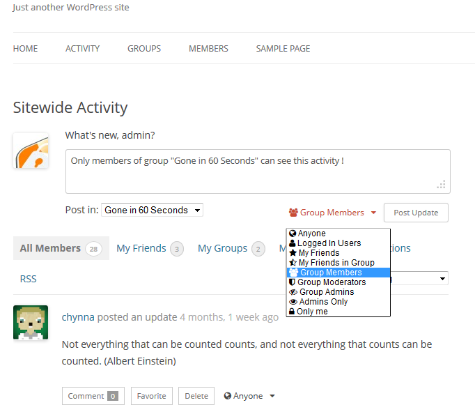 **Privacy for My Profile Activity** - Allow your users select a visibility level for the activity posted in the profile.