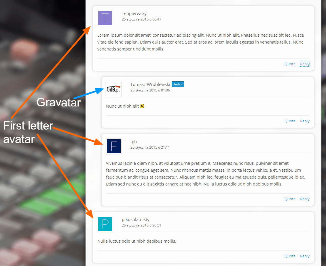This shows three standard WordPress comments with first letter avatars (these commenters don't have their Gravatars) and one with standard Gravatar.