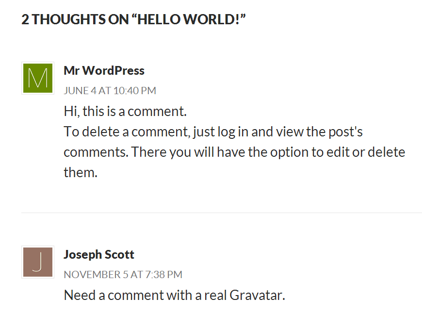 Two comments with custom first letter avatars.