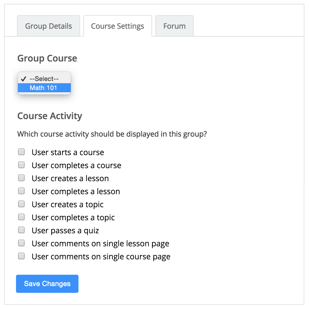 **Course Group Settings** - Add a course to a BuddyPress group and configure its activity actions.