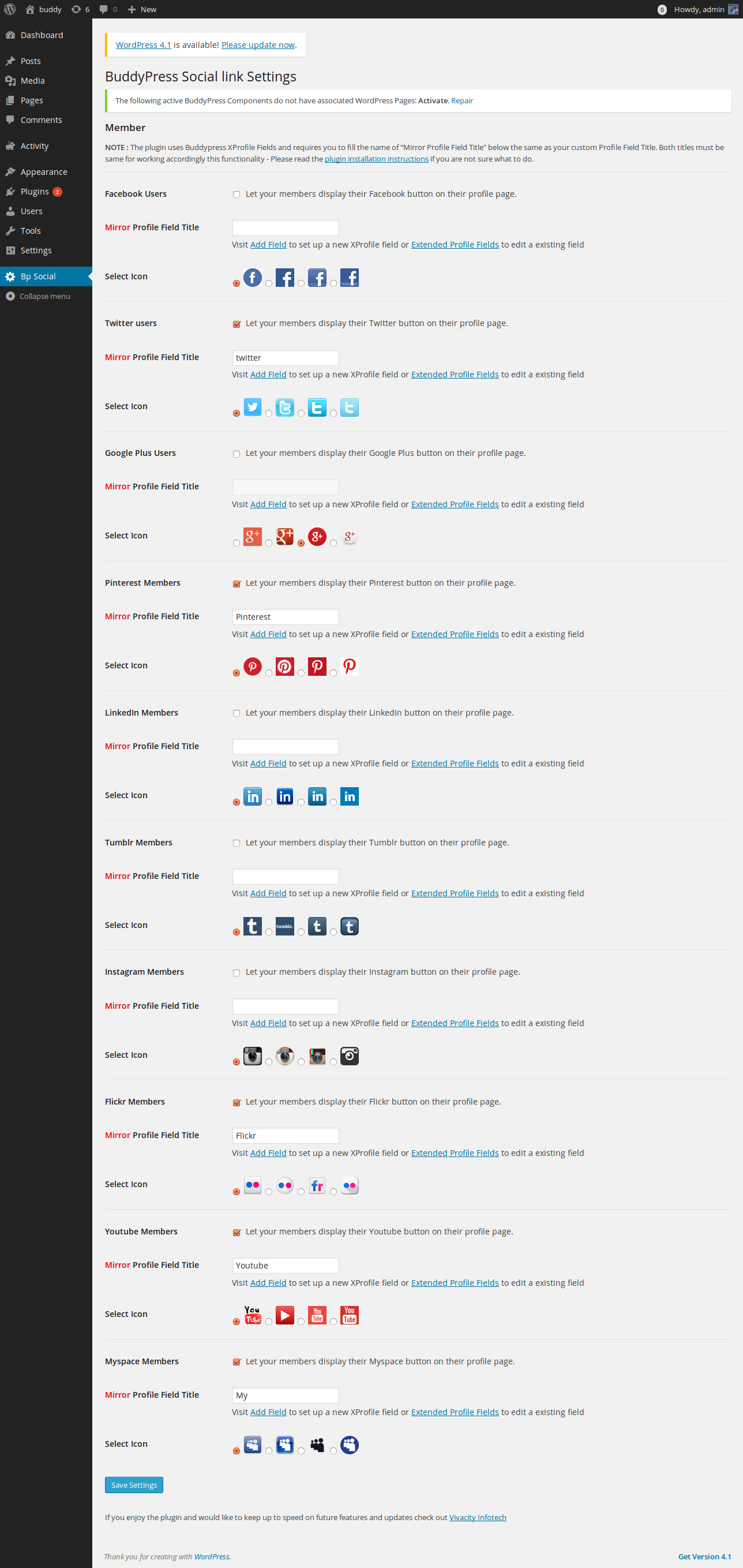 Buddypress Social Icons plugin appears after activation in dashboard menu section  .