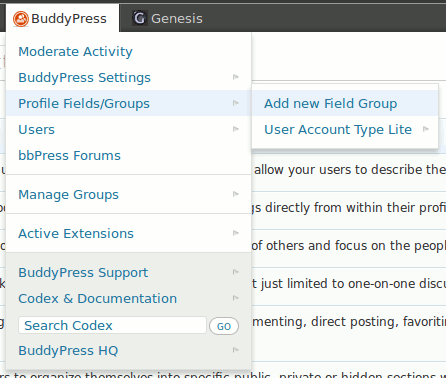 BuddyPress Toolbar in action - second level - BP user field groups (plus some specific extensions). ([Click here for larger version of screenshot](https://www.dropbox.com/s/6ci1jscuro7p5ua/screenshot-3.png))