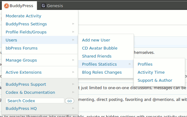 BuddyPress Toolbar in action - third level - BP users management (plus some specific extensions). ([Click here for larger version of screenshot](https://www.dropbox.com/s/keqo70at7k6ckt9/screenshot-4.png))