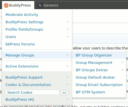 BuddyPress Toolbar in action - second level - optinal BP Groups management group (only if supporting plugins are active!). ([Click here for larger version of screenshot](https://www.dropbox.com/s/nb0m3px68mrrzn5/screenshot-5.png))