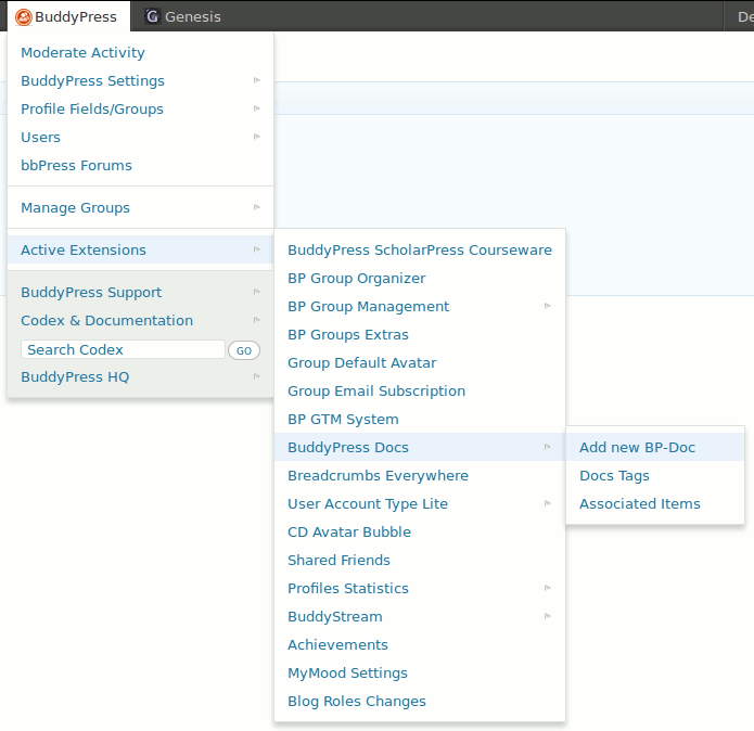 BuddyPress Toolbar in action - third level - extensions support (here with a huge list of active plugins :). ([Click here for larger version of screenshot](https://www.dropbox.com/s/r52b81hkqiyna31/screenshot-6.png))