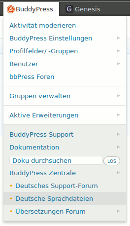BuddyPress Toolbar in action - translations/language specific links at the bottom - for example: German locale. ([Click here for larger version of screenshot](https://www.dropbox.com/s/ve13h60tju9hix0/screenshot-8.png))