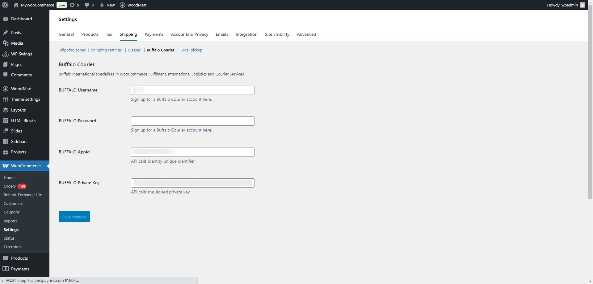 Buffalo Courier API Account Information Configuration.