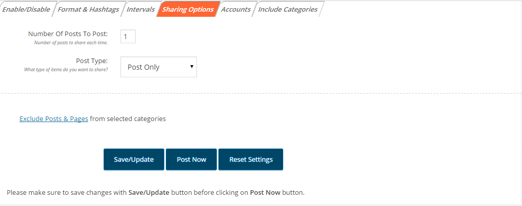 Sharing Options Tab: Number Of Posts To Post to share, Post Type