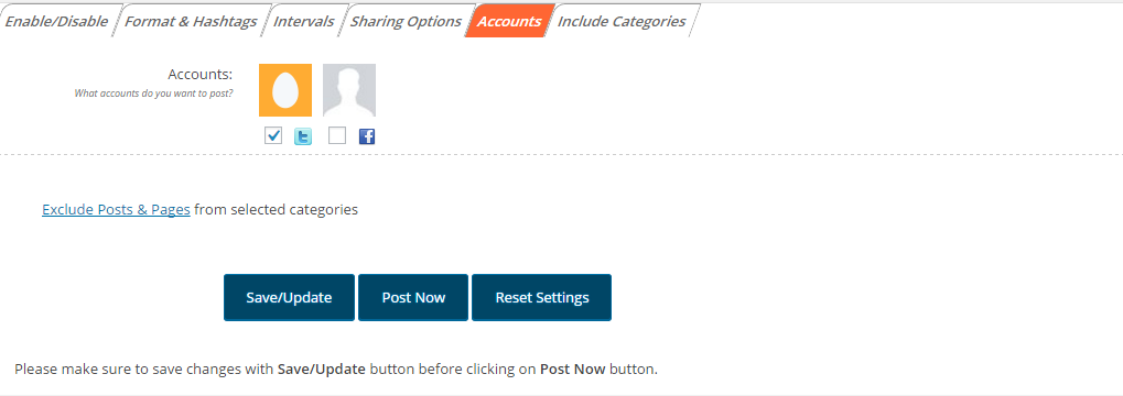 Accounts Tab: Listing of Social Media Accounts