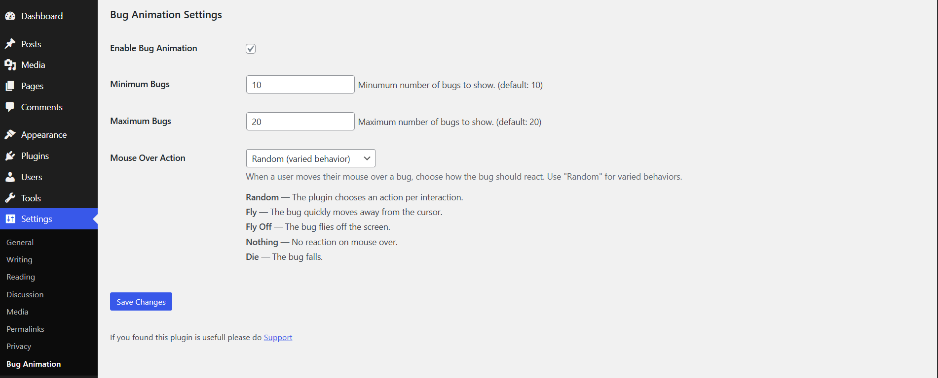 Backend setting page