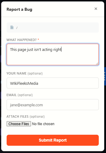 The bug report overlay panel with description field and optional reporter info.