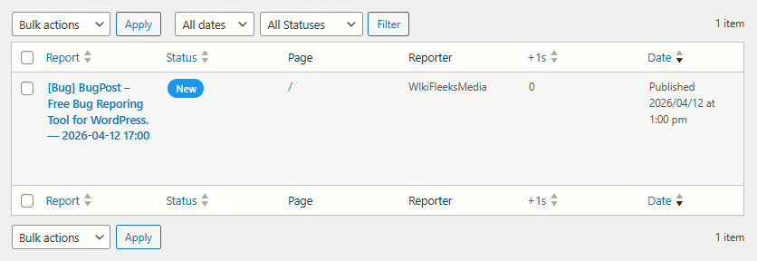 The admin reports list table showing status, page, reporter, and "me too" counts.