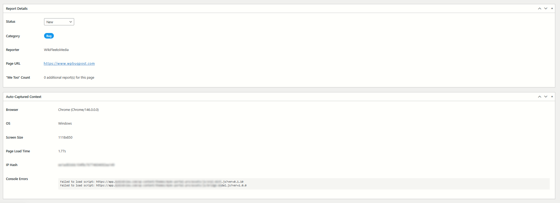 The report detail view with full auto-captured browser context.