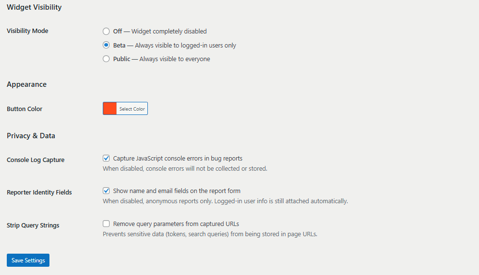 The settings page with visibility mode and button color options.
