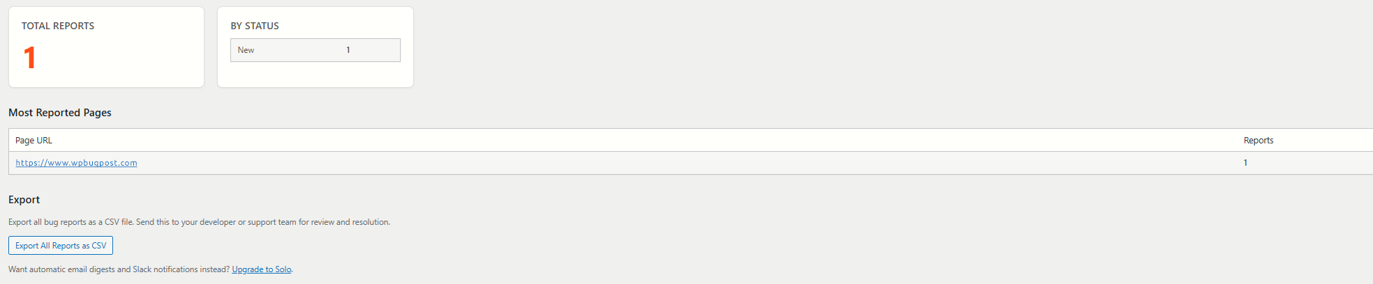 The summary page with total reports, status breakdown, and most-reported pages.