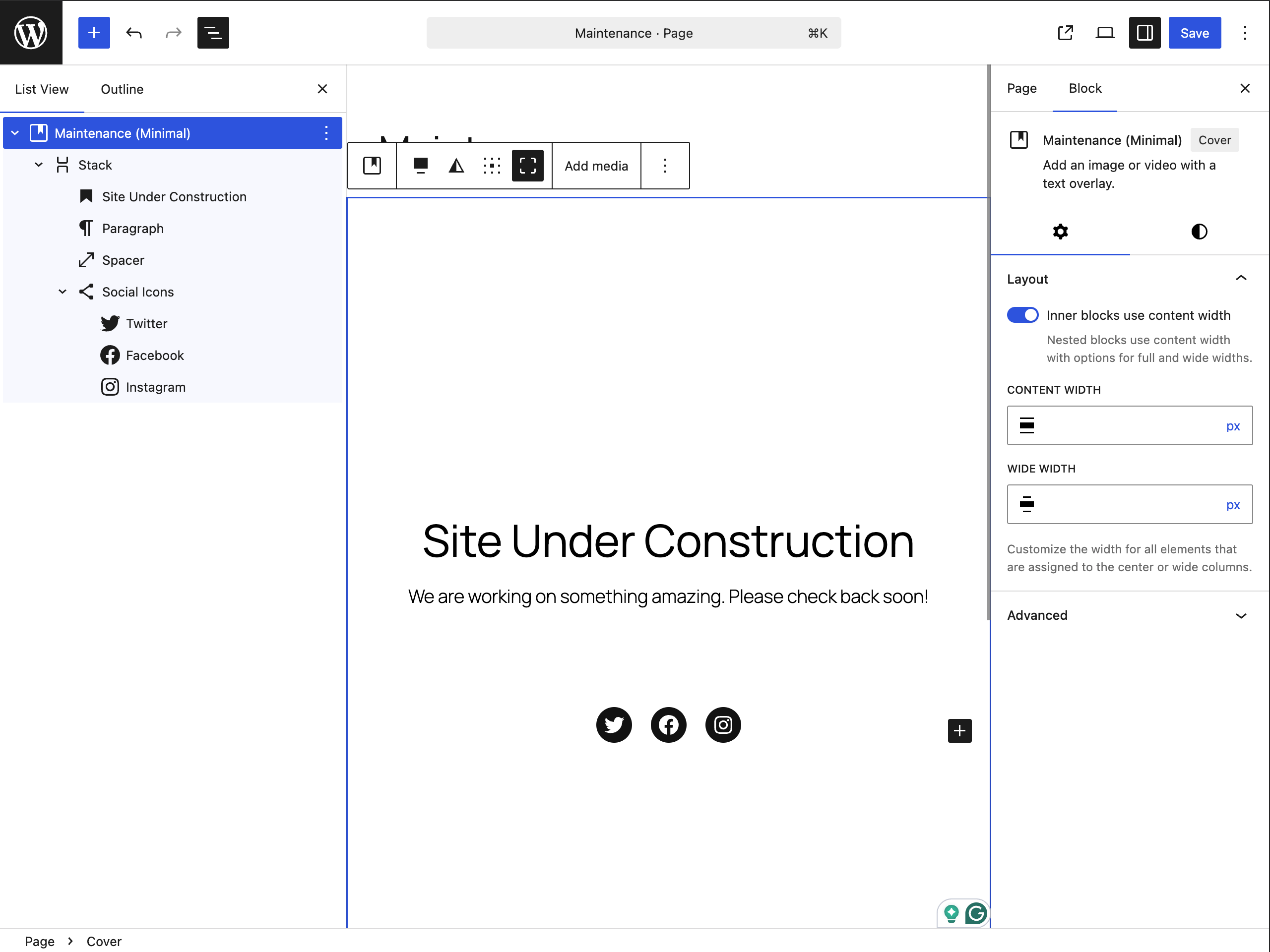 Block Editor - Customizing the maintenance page pattern.