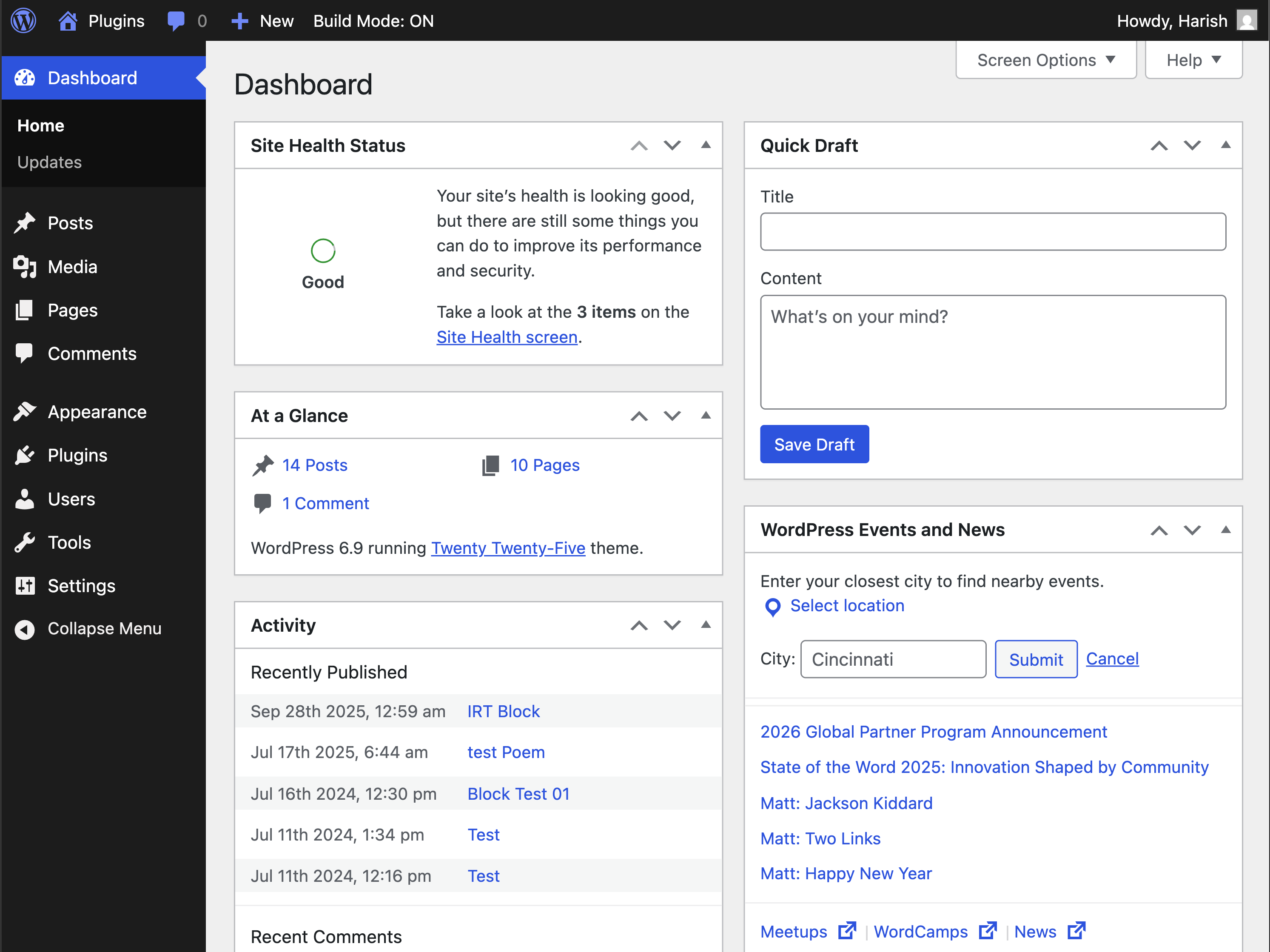 Admin Bar - Quickly toggling Build Mode on/off.