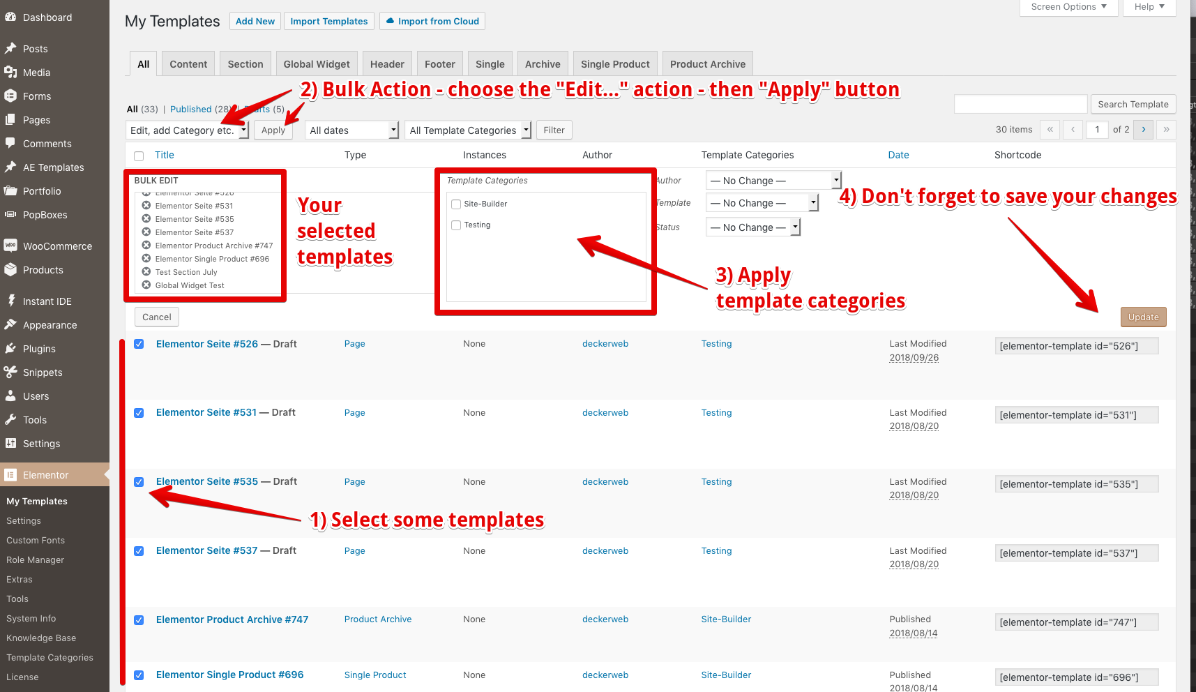Post type Bulk Actions: Add a template category to selected templates in one action step