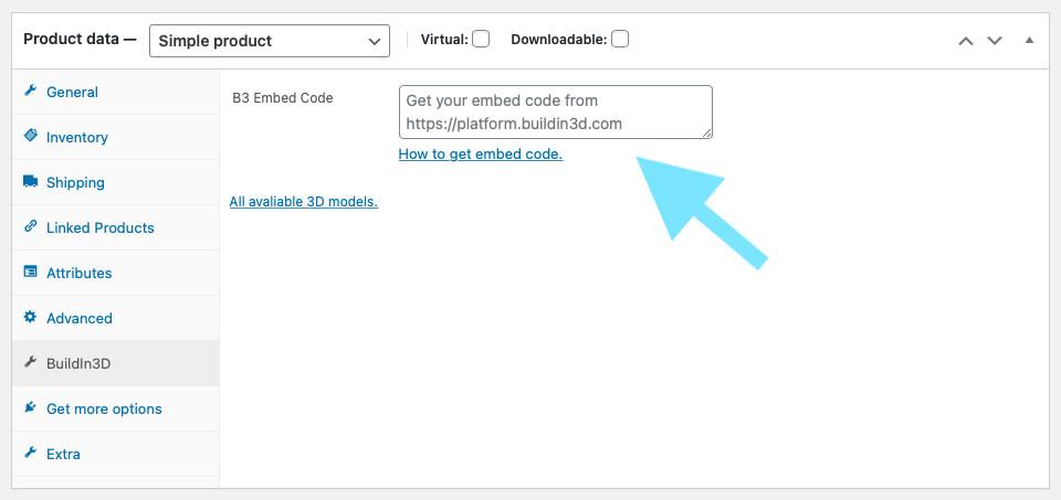Paste the code in the "B3 Embed Code" filed in the product edit page.