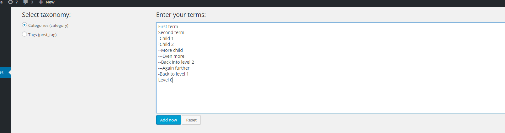 Here you have to select a taxonomy and add some terms. In this case, Category