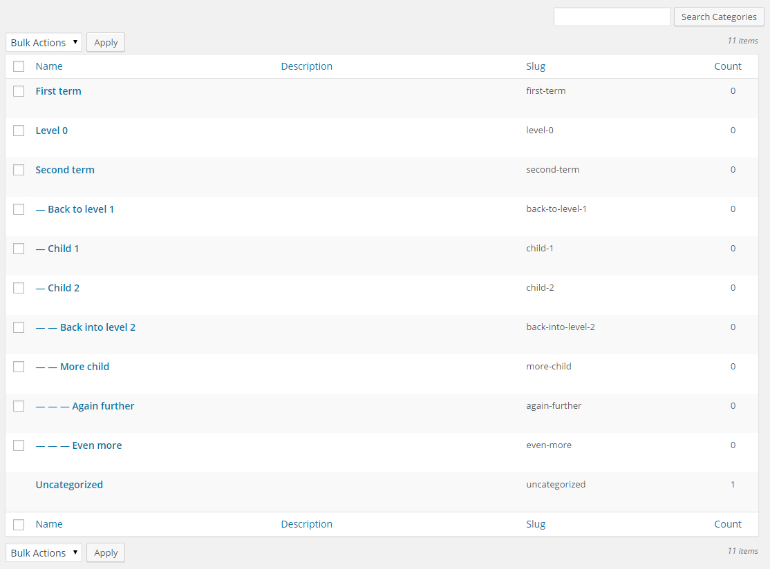 Then check the Category manage screen and see the terms are added as you inserted.
