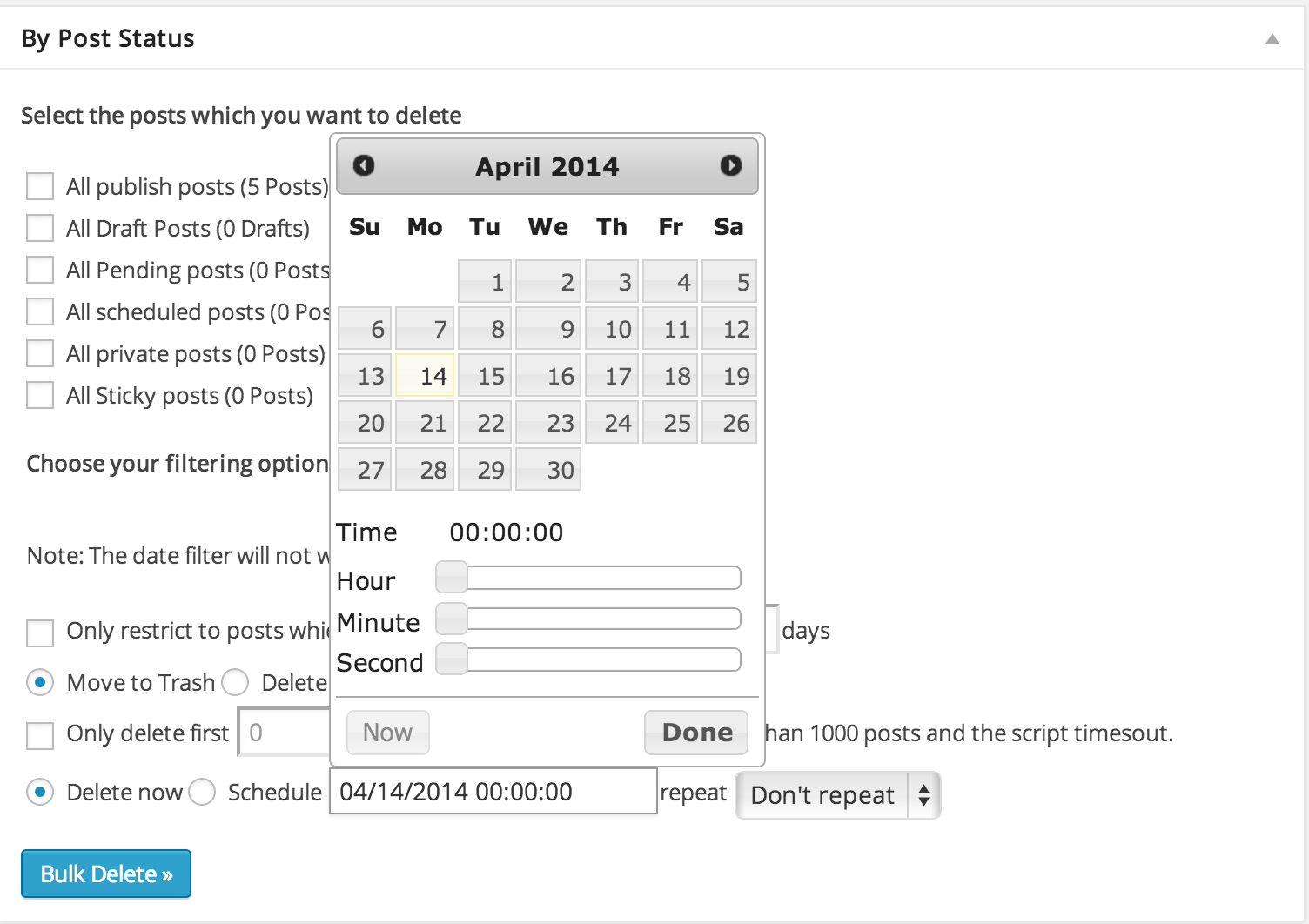 The above screenshot shows how you can delete posts by custom post type.
